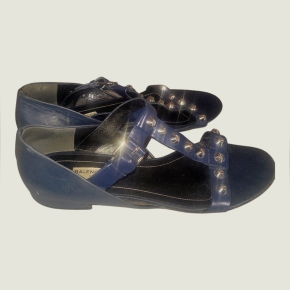 Balenciaga Paris Women's Silver Studs Navy T-strap Buckle Fastener Sandals Sz 38 - Picture 4 of 10